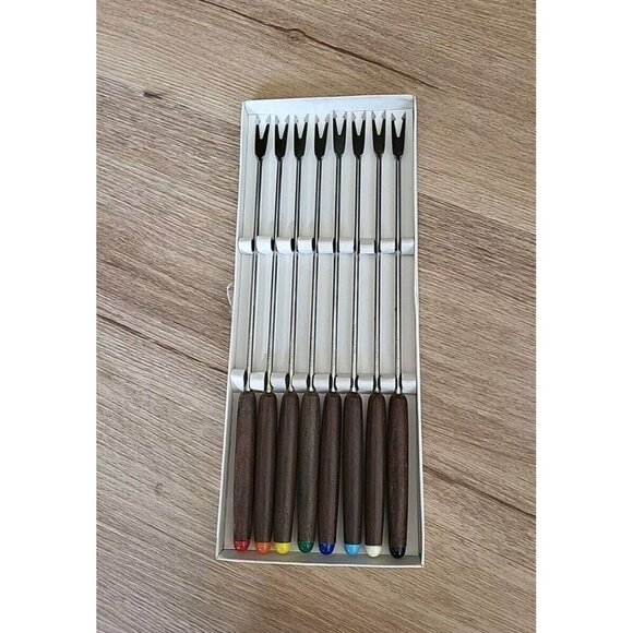 Eight 8 Vintage Japanese Stainless Steel Fondue Forks In Original Box - Picture 1 of 6